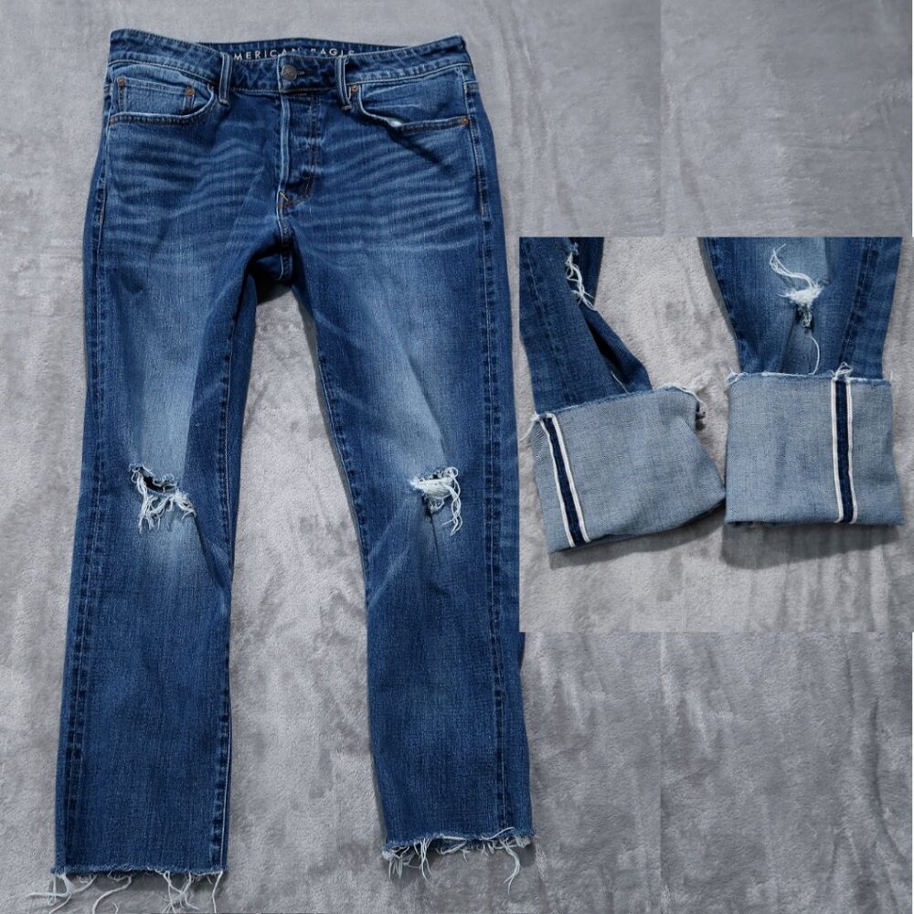 American Eagle Selvedge Jeans Mens 33x32 Blue Slim Distressed Raw Hem Whiskering